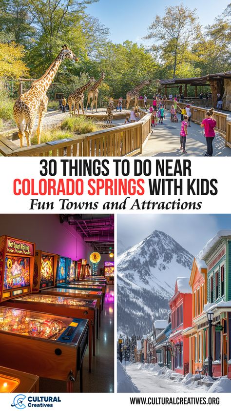 A zoo with giraffes, a arcade with pinball machines, and a snowy mountain town, showcasing 30 Things to Do Near Colorado Springs with Kids. Things To Do In Colorado Springs Winter, Colorado Springs Things To Do Winter, Colorado Springs Colorado, Things To Do In Castle Rock Colorado, What To Do In Colorado Springs, Things To Do In Colorado Springs, Colorado Springs With Kids, Florissant Colorado, Colorado Springs Things To Do