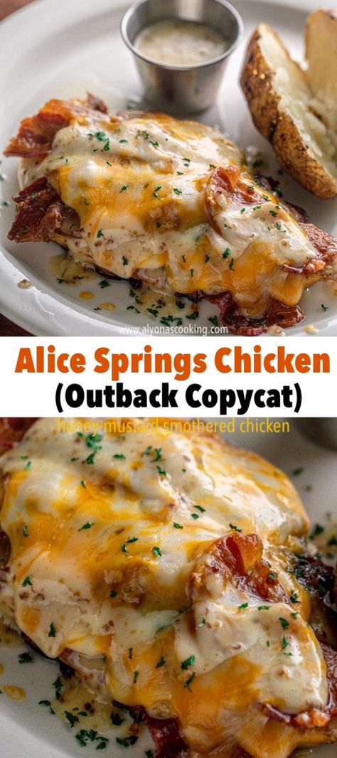 Alice Springs Chicken Outback, Smothered Chicken Recipe, Smothered Chicken Recipes, Steakhouse Restaurant, Alice Springs Chicken, Smothered Chicken, Seasoned Chicken, Outback Steakhouse, Honey Mustard Sauce