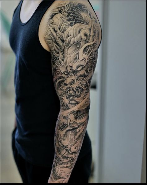 Dragon Sleeve Tattoos Mens Arm, Dragon Quarter Sleeve Tattoo, Fu Dog Sleeve Tattoo, Full Japanese Sleeve Tattoo, Dragon Sleeve Tattoo Design, Asian Dragon Tattoo Arm, Oni Dragon Tattoo, Black And White Arm Tattoos, Arm Sleeve Tattoo Ideas For Men