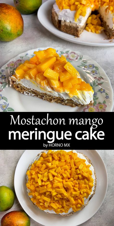 Mango meringue cake (mostachon) Mostachon Recipe, Mango Meringue, Chocolate Donuts Baked, Whipped Cream Desserts, Chocolate Chip Mug Cake, Coconut Muffins, Nutella Desserts, Mexican Recipe, Baked Peach