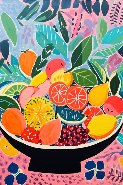 Abstract art painting using vibrant colors of a fruit bowl Modern Fruit Painting, Abstract Kitchen Art, Abstract Fruit, Fruit Artwork, Fruit Poster, Wall Art Matisse, Modern Art Painting, Art Matisse, Beautiful Shapes