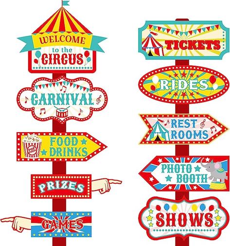 Kids Carnival Birthday Party, Cirque Vintage, Circus Signs, Carnival Signs, Carnival Party Decorations, Circus Party Decorations, Circus Carnival Party, Carnival Decorations, Circus Decorations