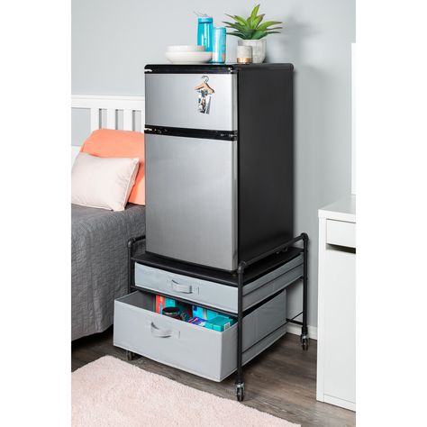 Rebrilliant Gomes Fridge Stand Supreme 2 Drawer Storage Chest | Wayfair Fridge Stand, College Dorm Room Organization, College Furniture, Dorm Fridge, College Dorm Room Inspiration, Dorm Supplies, Dorm Room Styles, College Dorm Room Essentials, Dorm Furniture