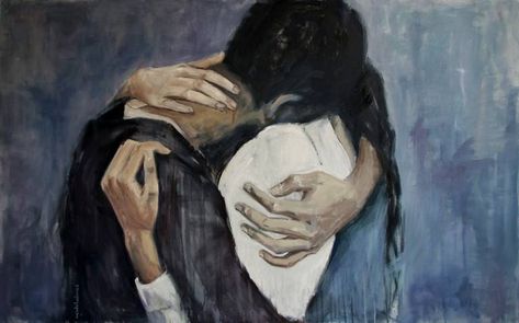 Original Art Oil/Acrylic Painting, measuring: 116W x 73H x 2D cm, by: Cristina Lopez De Las Heras (Spain). Styles: Illustration, Figurative, Fine Art, Modern, Impressionism. Subject: People. Keywords: Blue, Black And White, Hug, Inspiring, Body, Couple, Love, Light Blue, Blurred, Figurative, Hazy. This Oil/Acrylic Painting is one of a kind and once sold will no longer be available to purchase. Buy art at Saatchi Art. Hug Illustration, Romance Art, Impressionism Painting, Acrylic Oil Painting, Back Together, Cool Art Drawings, Painting Canvas, Blue Art, Art Oil