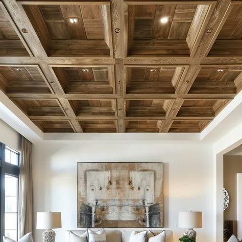 15 Stunning Coffered Ceiling Ideas That Enhance Style of Your Home Wood Coffered Ceiling Dining Room, Coffered Ceiling With Lights, White Oak Coffered Ceiling, Coffered Ceiling Paint Ideas, Tray Ceilings Ideas, Coffered Wall, Coffered Ceiling Bedroom, Rustic Coffered Ceiling, Coffered Ceiling Paint