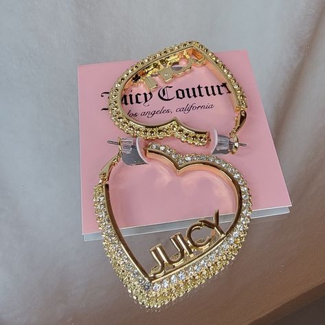 Juicy Couture Heart Shape Earrings Size: 1.5" Tj Maxx Juicy Couture, Girly Things To Buy, Pink And Gold Jewelry, Amber Diamond, Hoop Earrings Aesthetic, Shein Jewelry, Xoxo Jewelry, La Jewelry, Heart Shape Earrings