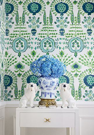 F916241 MENDOZA SUZANI Printed Fabrics Blue and Green on Navy from the Thibaut Kismet Fabric Book collection Large Print Wallpaper, Thibaut Fabric, Thibaut Wallpaper, Chinoiserie Wallpaper, Unique Wallpaper, Bathroom Wallpaper, Fabric Book, Print Wallpaper, Green Wallpaper