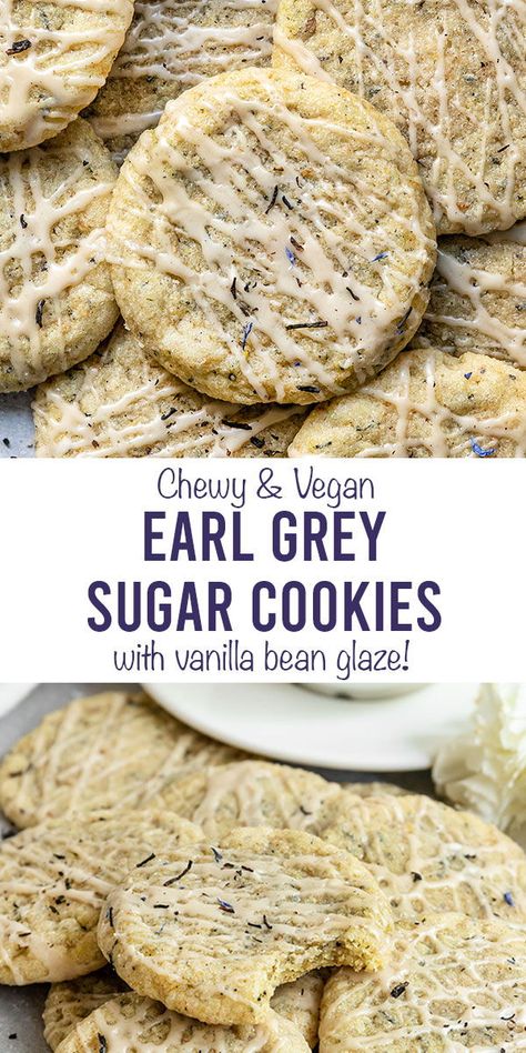 The best chewy Vegan Earl Grey Sugar cookies with a vanilla bean glaze. These easy earl grey tea cookies taste like a London Fog in cookie form because of the real earl grey tea leaves mixed into the dough and vanilla bean glaze on top. Truly a delicious earl grey tea dessert recipe & the best chewy vegan sugar cookie flavor! #sgtoeats #veganearlgreycookies #earlgreycookies #vegansugarcookies #londonfogcookies Vegan Earl Grey, Flavored Cookies, Vegan Sugar Cookies, Vegan Baking Recipes, Vegan Cookies Recipes, Usa Food, Vegan Sugar, Tea Cookies, Grey Tea