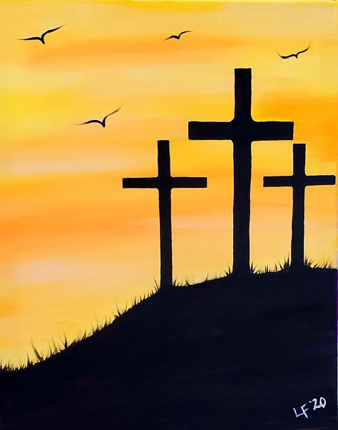 Cross Sunset Painting, Sunset With Cross Painting, Easy Cross Paintings On Canvas, Cross Paintings On Canvas Acrylics, Easy Sillouhette Paintings, Easy Cross Painting, Cross Painting Ideas On Canvas, Calvary Painting, Easy Jesus Painting Canvas Art