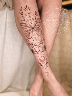 Butterfly On Shin Tattoo, Nature Shin Tattoo, Women’s Shin Tattoo Ideas, Witchy Shin Tattoo, Sunflower Ornamental Tattoo, Ladies Shin Tattoo, Shin Tattoo Color, Calf Shin Tattoo, Dainty Shin Tattoo