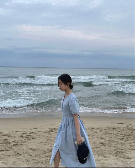 Aesthetic, Photo inspo, Instagram inspo, Story inspo, Korean girl, Asian, Actress, Outfit Inspo, Posing inspo, Blue dress, Beach photo, Blue cap, Iphone, Bun Outfit Korean Style Dress, Outfit Ke Pantai Korea, Korean Beach Outfit, Dress Outfits Korean, Korean Beach Outfit Aesthetic, Beach Fits Korean, Aesthetic Beach Outfits Korean, Sea Outfit Summer Korean, Blue Dress Outfits