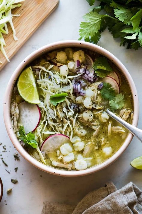 Chicken Pozole Verde - Isabel Eats Chicken Pozole Verde Recipe, How To Make Pozole, Pozole Verde Recipe, Green Pozole, Chicken Pozole, Pozole Verde, Canned Hominy, Pozole Recipe, Isabel Eats