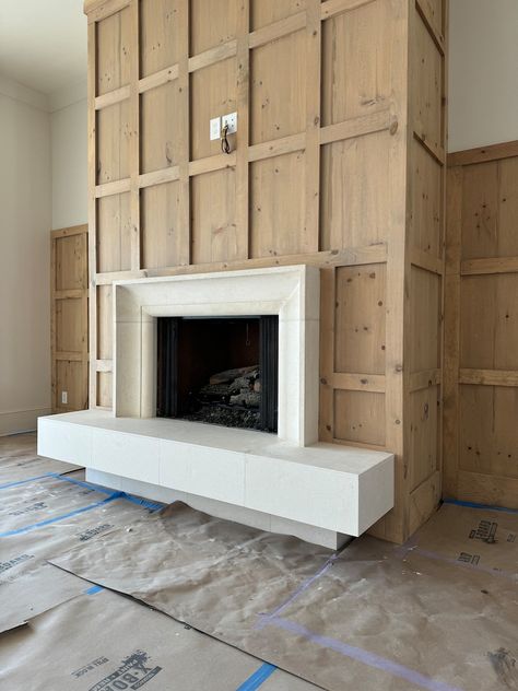 Modern Cast Limestone Fireplace Surround - Etsy Wall Length Fireplace, Built Ins With Gas Fireplace, Coffered Fireplace Wall, Marble Fireplace Surround With Raised Hearth, Sheetrock Fireplace Surround, Formal Dining Room Fireplace, Light Tile Fireplace, Tiled Fireplace Surround Ideas, Extra Wide Fireplace