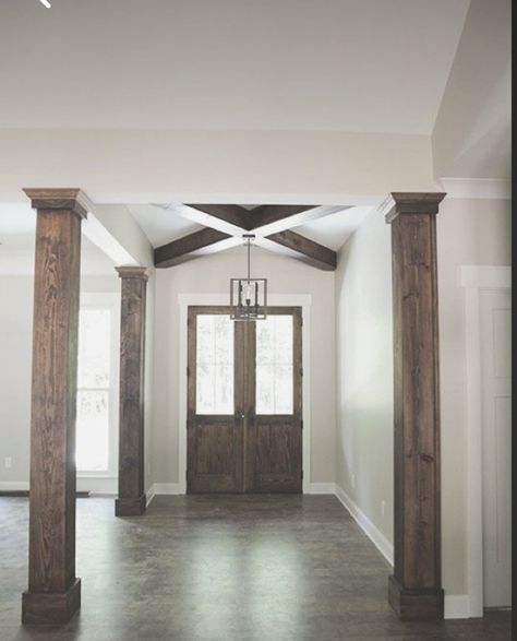 Wood Beam Columns Interior, Wood Columns Interior Kitchen, House Column Design Interior, Pillar Ideas Interior, Room Columns Ideas, Post Inside House Ideas, Covering Pillars With Wood, Open Floor Plan With Columns, Indoor Columns Ideas Living Room