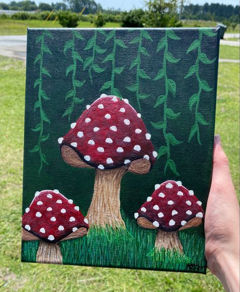 Acrylic paint. 8x10 canvas all my painting are available to buy! Find me on Instagram-artofashleyscreations Mushrooms Painting Ideas, Painting Ideas On Canvas Cottagecore, Mini Canvas Mushroom Painting, Cottage Core Painting Ideas Easy, 8x10 Painting Canvas Ideas, Woods Painting Easy, Small Mushroom Painting, Mushroom Painting Easy, Easy Forest Painting