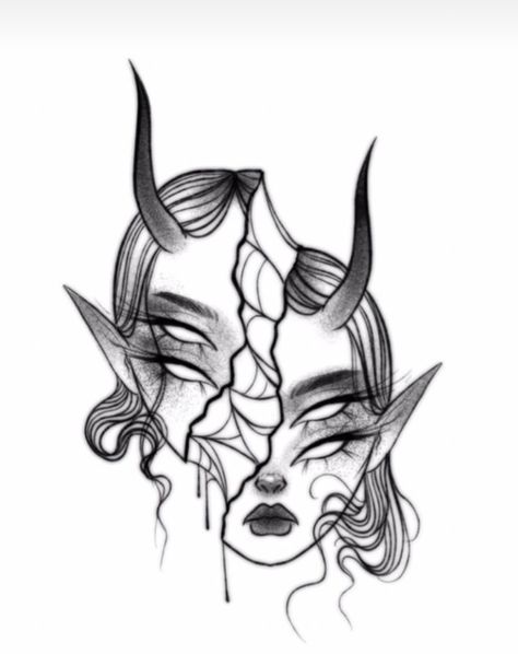 Witch Face Tattoo, Succubus Tattoo Ideas, Daydreamer Tattoo Ideas, Three Headed Tattoo, Dark Lady Tattoo, Shapeshifter Drawing, Powerless Tattoo Ideas, Creature Tattoo Ideas, Minimalist Face Tattoo