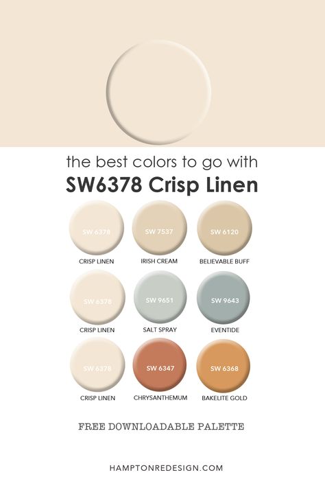 SW 6378 Crisp Linen Coordinating Colors Boho Wall Colors Sherwin Williams, Ivory Paint Color, Cream Paint Colors, Sherwin Williams Color Palette, Interior Wall Colors, Ivory Paint, Beige Paint, Sherwin Williams Colors, House Color Palettes