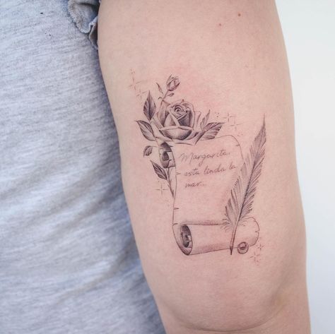 A poem from a childhood tattooed on the back of the right upper arm Scroll Tattoos, Related Tattoos, Cage Tattoos, Hibiscus Tattoo, Tattoo Test, Belly Tattoos, Cool Arm Tattoos, Tattoo Graphic, Tatuaje A Color