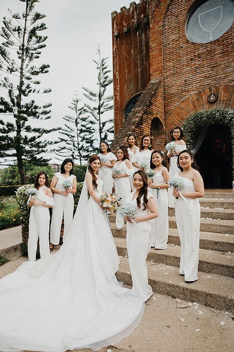 Bridal Entourage Gowns, White Dresses For Bridesmaids, All White Entourage, Bridesmaids Suits Women, Entourage Gowns Bridesmaid, Jumpsuit Bridesmaid, All White Bridesmaid Dresses, Bridesmaid Suits For Women, All White Jumpsuit