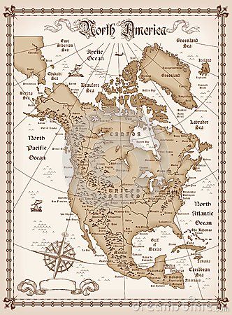 Vintage map of North America Compass And Map Tattoo, Map Of North America, Maps Aesthetic, Fantasy Map Making, Grunge Posters, Scrapbook Patterns, Canada Map, Map Tattoos, North America Map