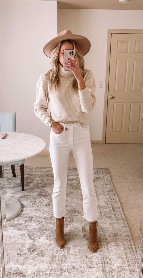 Rib Crop Turtleneck Sweater curated on LTK Turtleneck Outfit Winter, White Jeans Outfit Fall, Flare Jeans Fall, White Jeans Outfit Winter, Napa Outfit, White Jeans Fall, Crop Turtleneck Sweater, Cream Sweater Outfit, Cropped Sweater Outfit