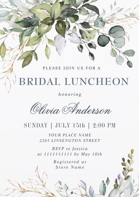 Modern and elegant bridal brunch invitations featuring watercolor eucalyptus greenery design. Bridal shower invites and ideas. afflink Luncheon Invitation Ideas, Bridal Tea Party Invitations, Luncheon Invitation, Blue Bridal Shower Invitations, Bridal Luncheon Invitations, Bridal Shower Luncheon, Green Bridal Showers, Boho Bridal Shower Invitations, Green Invitations