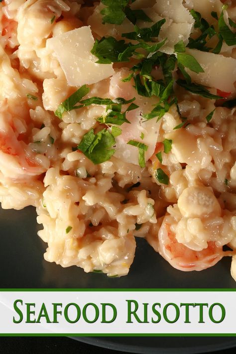 A close up view of seafood risotto on a plate. The top is scattered with chopped parsley and big flakes of Parmesan cheese. Meditrainian Diet, Risotto Recipes Easy, Lobster Risotto, Seafood Dinners, Seafood Medley, Shrimp Risotto, Risotto Dishes, Crab Pasta, Fish Friday