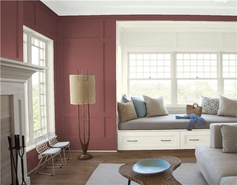 Look at the paint color combination I created with Benjamin Moore. Via @benjamin_moore. Walls: Fading Twilight 1258; Alcove: Halo OC-46; Drawers: Halo OC-46; Window Trim: Halo OC-46. Color Vison, Tanning Room, Family Room Colors, Color Combinations Paint, Popular Paint Colors, Window Trim, Benjamin Moore, Bedroom Colors, Paint Color