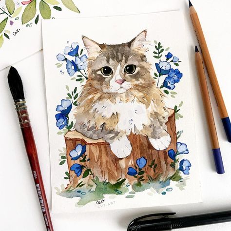 Cute Cat Watercolor Paintings, Cat Gouache Painting, Watercolor Paintings Cat, Whimsical Watercolor Art, Gouache Animals, Cat Watercolor Paintings, Cat Watercolour, Watercolor For Beginners, Watercolor Cats