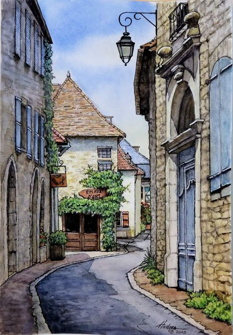 Street Drawing Watercolor, Alleyway Drawing Reference, Building Art Watercolour, Landscape With Building, Watercolour Buildings Paintings, Watercolour Urban Sketch, French Architecture Drawing, Building Drawing Watercolor, Watercolor Urban Sketching