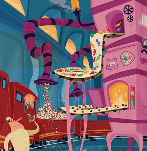 Candy Factory by Thomas Burns, via Behance Factory Illustration, Wonka Chocolate Factory, Cookie Factory, Sweet Factory, Hug Illustration, Wonka Chocolate, Graphic Portfolio, Candy Factory, Candy House