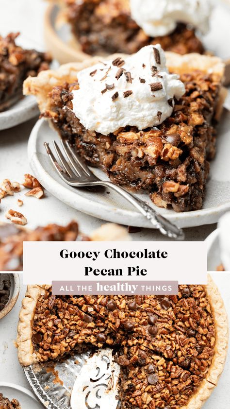 This Gooey Chocolate Pecan Pie is packed with plenty of fresh pecans, chocolate chips, and made entirely without corn syrup! This pie is so easy to make and is the perfect show stopping holiday dessert! Chocolate Chip Pecan Pie, Chocolate Chip Pie, Pecan Chocolate, Banana Chocolate Chip Cookies, Pecan Pie Easy, Sugar Free Cheesecake, Clean Baking, Bakery Items, Chocolate Pecan Pie