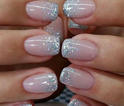 Ombre Glitter short nails design Shellac French Manicure With Glitter, Silver Sparkle Ombre Nails, Ombre French Tip Nails With Design, Short French Nails With Glitter, Ombre Nails With Glitter Tips, Holiday Ombre Nails Sparkle, French Tips For Short Nails, Round Nail Designs Short, Christmas Nails Ombre Glitter