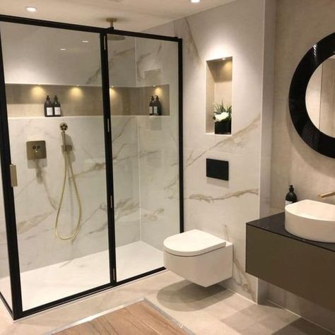 Bathroom Brushed Brass Fixtures, Brushed Brass Bathrooms, Matt Gold Bathroom Fixtures, Wall Flooring Ideas, Gold Detail Bathroom, Hotel Inspired Bathroom Luxury, Walk In Shower With Gold Fixtures, Bathroom Full Tile Walls, Bronze Bathroom Tiles