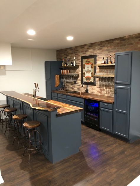 Basement Bar With Open Shelving, Unique Basement Bar Ideas, Home Bar Island Ideas, Bar With Seating Area, Rustic Kitchenette Ideas, Farmhouse Bars, Wood And Stone Accent Wall, Game Area In Bedroom, Rustic With Pop Of Color