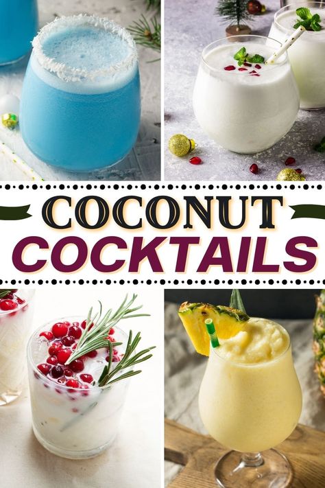 Take a virtual trip to the islands with these coconut cocktails! From margaritas to mojitos to rum punch, all of these drinks are incredible! Coconut Water Drinks Alcohol, Cream Of Coconut Cocktail Recipes, Cocktails With Cream Of Coconut, Ciroc Coconut Vodka Recipes, Coconut Rum Cocktail Recipes, Coconut Christmas Drink, Coconut Milk Drinks Alcohol, Coconut Milk Alcoholic Drinks, Cream Of Coconut Recipes Drinks