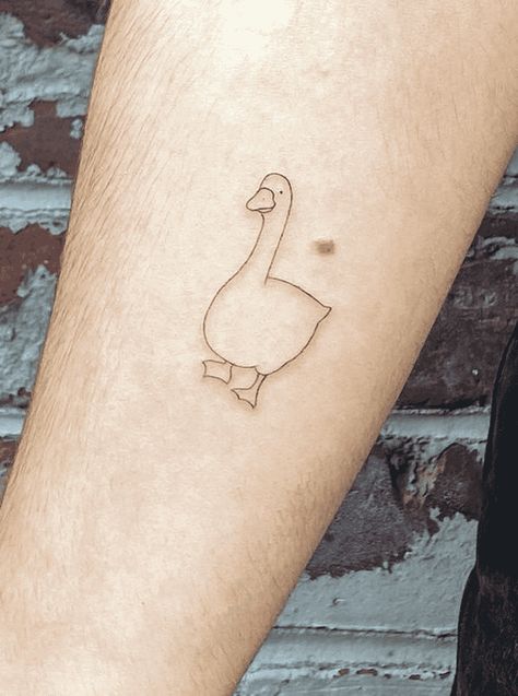 Patchwork, Silly Fine Line Tattoo, Goose Tattoos For Women, Goose Fine Line Tattoo, Goose Sketch Simple, Cartoon Goose Tattoo, Chicken And Duck Tattoo, Duck And Goose Tattoo, Goose Line Tattoo