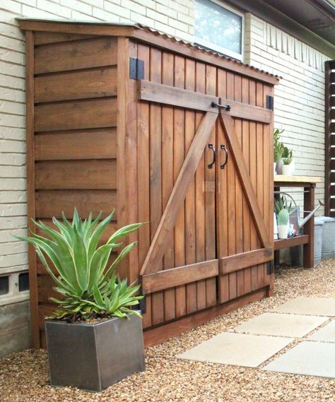 Outdoor Trash and Recycling Storage Shed Inspiration, Storage Shed Kits, Shed Kits, Building A Shed, Pergola Patio, Tool Sheds, Inside And Outside, Shed Plans, Shed Storage