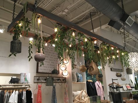 Ladder Ceiling Plants, Ladder On Ceiling With Plants, Ladder With Lights Hanging, Hanging Ladder From Ceiling With Lights, Ladder Lights Hanging Diy, Ladder Hanging From Ceiling With Lights, Ladder Ceiling Decor, Hanging Lights And Plants, Ladder Lights Hanging Kitchen