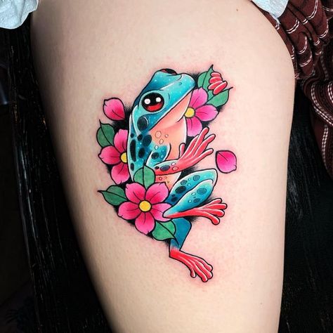 Neon Traditional Tattoo Design, Pretty Frog Tattoo, Color Frog Tattoo, Girly Frog Tattoo, Colorful Frog Tattoo, Frog Tattoos For Women, Neo Traditional Frog, Colourful Tattoo For Women, Neo Trad Tattoo Design