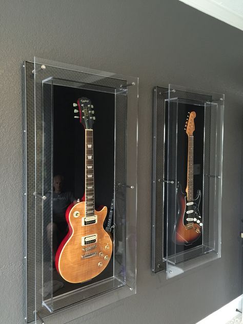 Sweet home made guitar display case! Musical Decorations, Vip Series, Kristen Callihan, Display Shelf Design, Guitar Display Case, Guitar Storage, Home Studio Ideas, Home Music Rooms, Guitar Display