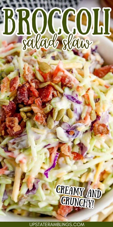 Revamp your BBQ game with this irresistible Creamy Broccoli Slaw! Crunchy veggies meet creamy dressing in a flavor explosion perfect for summer gatherings. Get ready to impress your guests with this easy-to-make crowd-pleaser! Creamy Broccoli Slaw, Slaw For Pulled Pork, Broccoli Slaw Dressing, Amish Potato Salads, Broccoli Slaw Salad, Broccoli Slaw Recipes, Crunchy Broccoli, Crunchy Veggies, Breakfast Sides Dishes