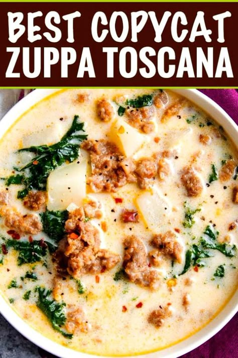 Classic zuppa toscana soup, in slow cooker form! It tastes WAY better than the restaurant version, and is sure to be a crowd pleaser! Zuppa Soup Olive Garden, Zuppa Toscana Soup Light, Zoupa Toscana Olive Garden Instant Pot, Sausage Kale Soup Olive Garden, Zoupa Toscana Soup, Copy Cat Olive Garden Tuscano Soup, Sausage Zuppa Soup, Crockpot Recipes Zuppa Toscana, Olive Garden Zuppa Toscana Soup Dairy Free