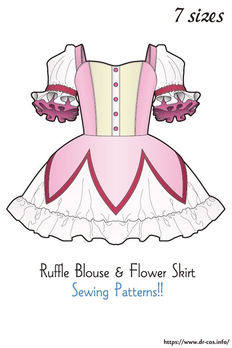 This is the pattern of Ruffle Blouse & Flower Skirt. cm size(A4 size) Children's-140/Ladies'-S,M,L,LL/Men's-L,LL At present, only Japanese. Added the number of fabric meters required for each size Blouse Sewing Tutorial, Cosplay Pattern Free Sewing, Clown Sewing Pattern, Cosplay Sewing Patterns Free, Japanese Sewing Patterns Free, Free Blouse Pattern, Cosplay Sewing Patterns, Skirt Sewing Patterns, Cosplay Patterns