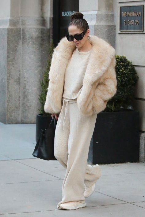 Jennifer Lopez Pairs Pajamas With Fur Coat and a Birkin Bag | Marie Claire Neutral Pajamas, Taupe Outfit, Jennifer Lopez Outfits, Jennifer Lopez Hair, Pajama Outfit, Fashion Aesthetics, Summer Fashion Outfits, Wearing Clothes, Winter Looks