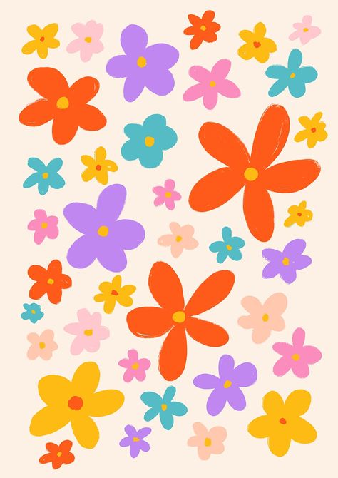 Our Flower Pattern Print features 70s inspired retro flowers in vibrant bold bright colours. Nice Patterns, Print Flower, Bright Colourful Wallpaper, Home Decor Wallpaper, Pattern Art Painting, Colourful Designs, Flower Pattern Art, Hand Painted Pattern, Painted Flower Pattern