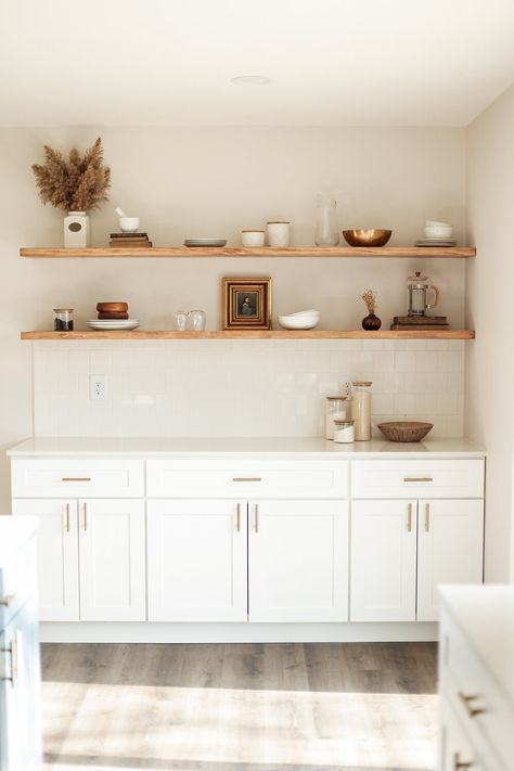 One Wall Kitchen Open Shelves, Kitchen Bar Open Shelving, Kitchen Inspo Open Shelves, Open Shelves Above Kitchen Cabinets, Oak Open Shelves Kitchen, Dining Open Shelving, Add On Cabinets In Kitchen, Kitchen Wall Open Shelves, Tile Behind Open Shelving