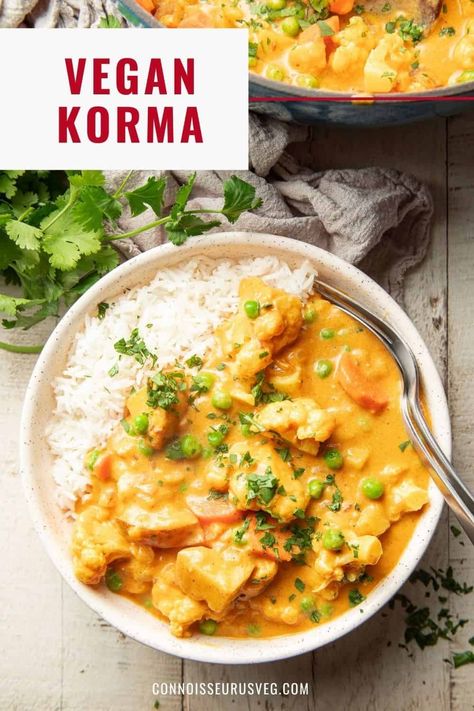 This vegan korma is rich, creamy and deliciously comforting! Made with veggies in a spiced cashew-coconut sauce, it tastes like it came from your favorite Indian restaurant — but is actually really easy to make at home. Vegetable Korma Indian, Veggie Korma, Vegan Korma, Vegetarian Korma, Vegan Chickpea Curry, Canning Diced Tomatoes, Coconut Sauce, Vegan Curry, Chickpea Curry