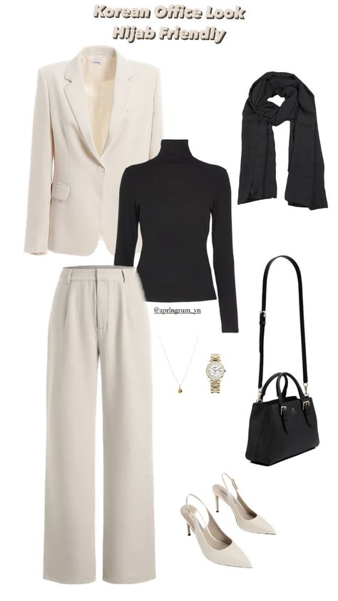 Outfit kantor ala korea bisa hijab juga Cream Heels Outfit, Korean Office Look, Korean Blazer Outfit, Cream Outfit Hijab, Cream Blazer Outfit, Blazer Outfits Women, Outfit Hijab Ideas, Clean Outfit, Korean Outfit Ideas