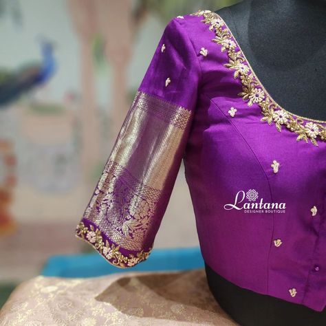 Elegance in Purple Embroidered perfection Purple blouse featuring intricate floral embroidery along the neckline &sleeves .Designed with Elegant tassels💜 @lantanaboutiquebangalore Marathahalli, Bangalore #fashion #purple #blousedesigns #embroiderydesign #neckline #sleeves #floralembroidery #tassels #bridalwarecollection #bridalembroidery #bridesofindia #bridesofinstagram #trending #new #posts #post #instapost #saree Elegant Silk Blouse Designs, Normal Simple Blouse Design, Latest Simple Maggam Work Designs For Blouses, Magam Work Blouses Latest Wedding, Purple Blouse Maggam Work, Purple Saree Blouse Designs, Purple Blouse Aari Work Design, Purple Maggam Work Blouse Designs, Blouse Latest Designs Fashion Trends